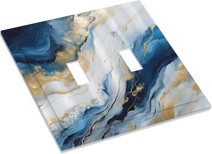 Abstract Blue Granite Luxury Watercolor Marble Texture Print Double Toggle Light Switch Covers Decorative Unique 2 Gang Wall Plate Dual Electrical Faceplate Switchplate for Kitchen Bathroom Decor