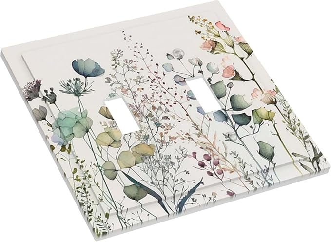 Tan Colorful Watercolor Flower Toggle Light Switch Cover 2-Gang Rustic Blue Color Boho Floral WildFlower Blossom Electrical Decorator Dual Device Face Wallplate Decorative Double Switch Plate Covers
