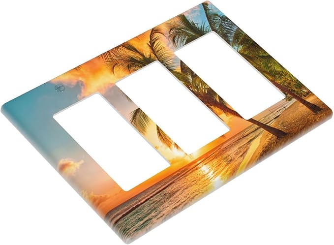 Light Switch Cover Sunset Beach Palm Tree Seascape 3 Gang Wall Plate Triple Light Switch Plate Tropical scenery Rocker GFCI Outlet Covers Decorative Receptacle Cover for Bathroom Home Decor