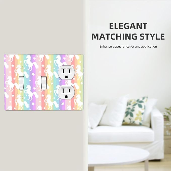 Rainbow Colorful Unicorn 3 Gang 2 Toggle 1 Duplex Combination Decorator Light Switch Outlet Cover Wall Plate, Cute Girls Kids Dream Fantasy Animals Triple Device Combo Receptacle Switch Face Plate