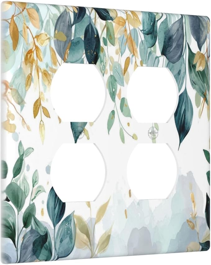 Boho Goldgreen Leaf Botanical Eucalyptus Leaves Outlet Covers 2 Gang Double Duplex Decorative Light Switch Covers Electrical Wallplates Socket Faceplate for Bedroom Living Room Decor