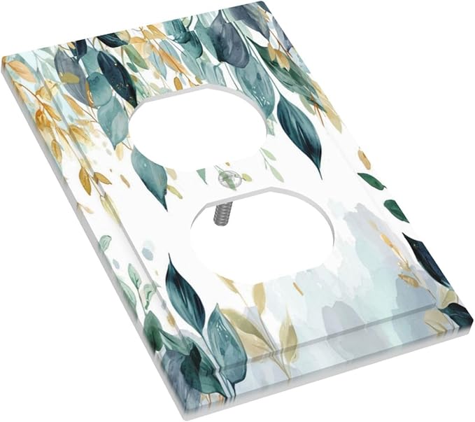 Boho Goldgreen Leaf Botanical Eucalyptus Leaves Outlet Covers 1 Gang Duplex Light Switch Cover Decorative Switch Plates Electrical Receptacle Faceplate Wall Plate for Bedroom Living Room Decor