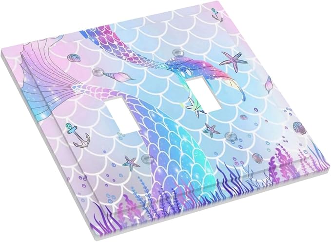 Colorful Cute Kids Girl Purple Pink Ocean Mermaid Tail Scale Conch Starfish Glitter 2 Gang Electrical Double Toggle Outlet Light Switch Wall Plate Decorative Receptacle Face Switchplate Cover Mid Size