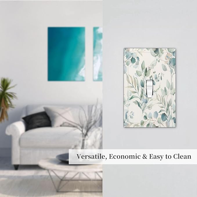 Boho Green White Eucalyptus Leaf Floral Decorative Light Switch Cover 1 Gang Single Toggle Device Electrical Faceplate Switchplates Decorator Outlet Wall Plate for Farmhouse Living Room Decor