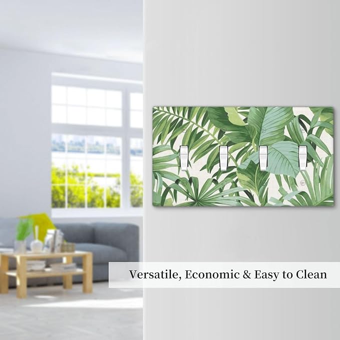 Green Tropical Palm Tree Leaf 4 Gang Four Device Decorative Light Switch Cover Summer Japanese Banana Leaves Greenery Quad Toggle Decorator Wall Plate Outlet Cover Electrical Faceplate Switchplate