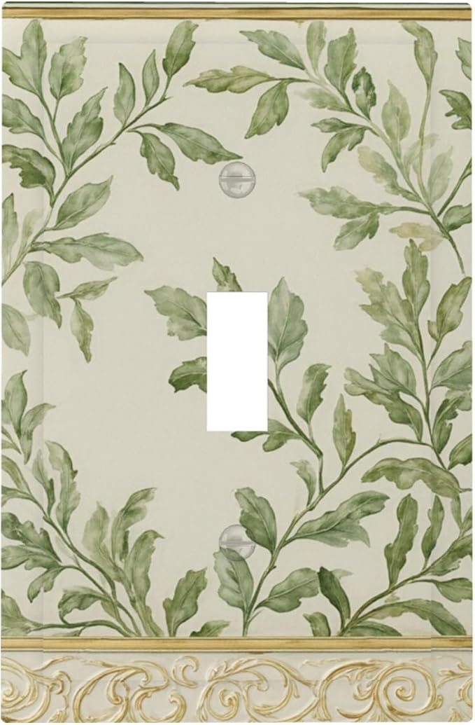 Soft Green Botanical Scroll 1-Gang Toggle Light Switch Plate, Regency Style Leafy Vine Design Decorative Wall Plate for Bedroom Living Room Decor