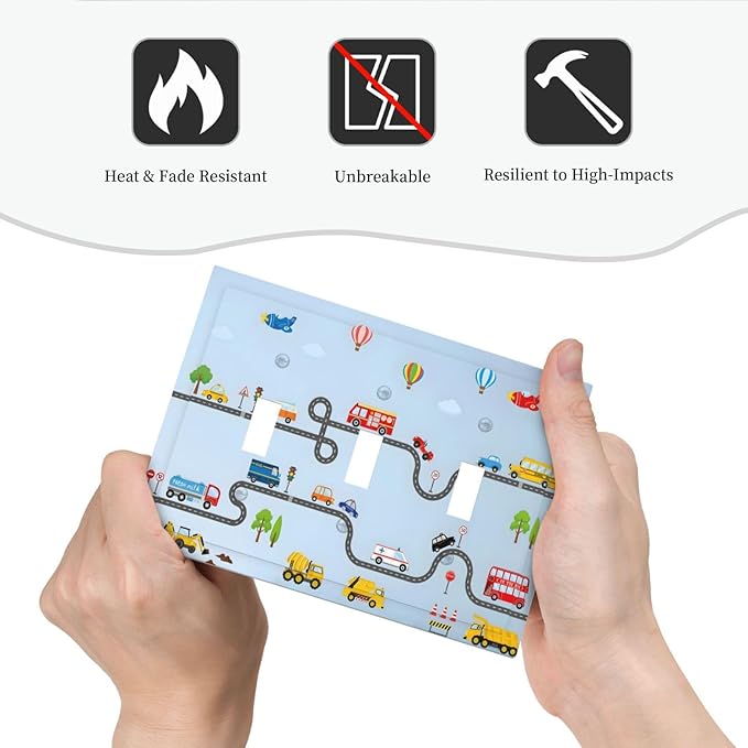 Road Construction Car Truck Hot Air Balloon Decorative Switch Plates 3 Gang Wall Plate Triple Toggle Light Switch Cover Faceplate Electrical Wall Panels for Nursery Kids Room Decor