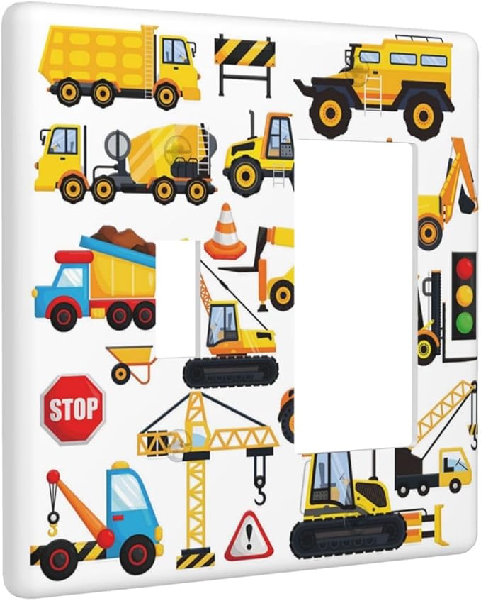 2-Gang 1-Toggle 1-Decorator/GFCI Device Combination Wall Plate Construction Trucks Cartoon Engineering Transportation Car Excavator Tractor Transport Combo Rocker Receptacle Switchplate Outlet Cover