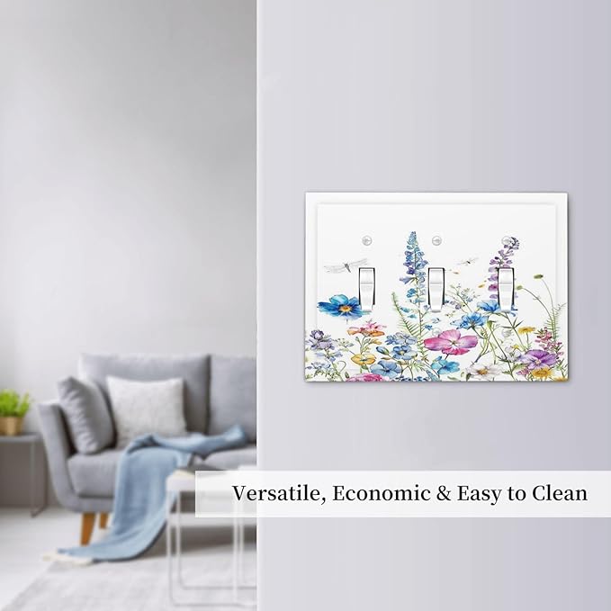 Decorative Switch Plates Boho Colorful Flowers Plants And Dragonflies 3 Gang Wall Plate Faceplate Triple Toggle Light Switch Cover Electrical Wall Panels for Bedroom living Room Decor