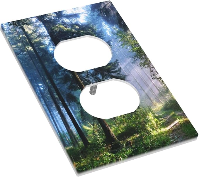 Green Forest Nature Scenery Misty Forest Print Decorative 1-Gang Electrical Device Duplex Receptacle Outlet Cover Sunshine Tree Path Landscape Woodland Scene Plug Wall Plate Light Switch Socket Cover