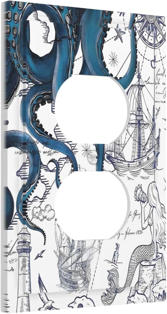 Nautical Vintage Map Octopus Mermaid Lighthouse Boat Outlet Covers 1 Gang Duplex Light Switch Cover Decorative Switch Plates Electrical Receptacle Faceplate Wall Plate for Bathroom Kids Room Decor
