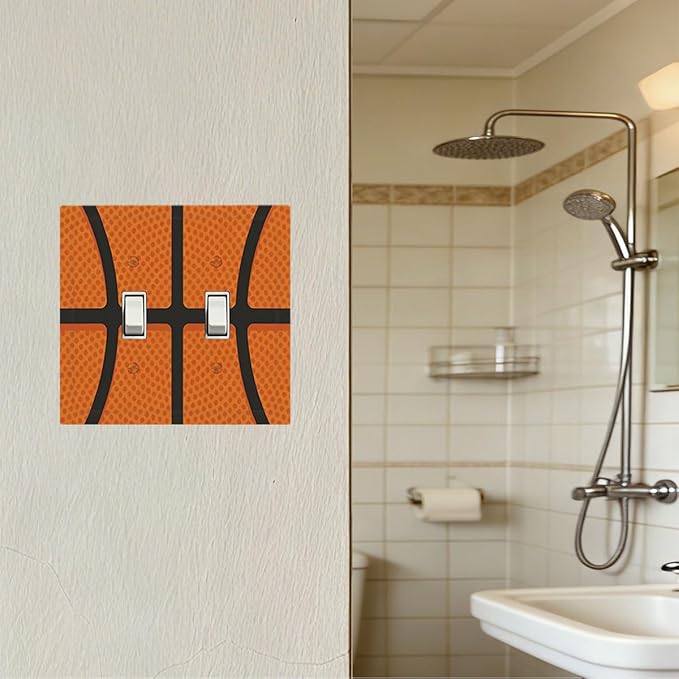 Vintage Basketball Texture Double Toggle Switch Cover - 2-Gang Standard US Size Sports Themed Light Switch Covers for Boy's Bedroom Decor