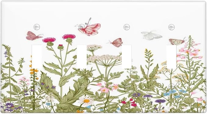 Colorful Butterfly Floral Plants Flower Vine Light Switch Covers Quad Toggle Electrical Faceplate 4 Gang Wall Plate Decorative Switch Plates for Bed Room Living Room Decor