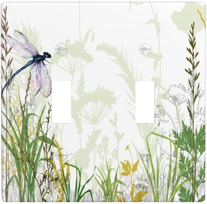 Wildflower Dragonfly 2-Gang Double Toggle Switch Plate, Spring Garden Floral Wall Plate for Home, Sunroom, Bedroom & Bathroom