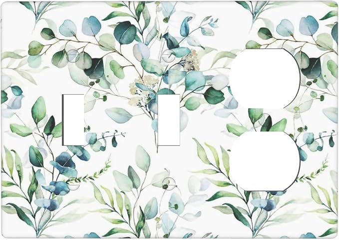 Green Olive Sage Eucalyptus Leaves 3-Gang 2-Toggle 1-Duplex Receptacle Combination Light Switch Decorative Triple Combo Device Switches/Rocker Outlet Covers and Wall Plate