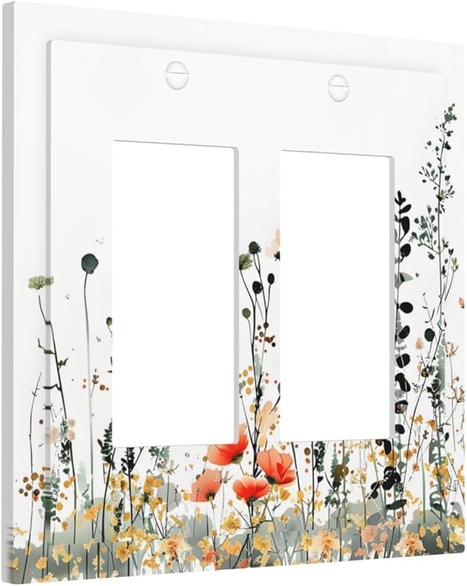 Vintage Country Style Watercolor Leaves Wildflowers Floral Decorative Outlet Covers 2 Gang Double GFCI Rocker Electrical Wall Panels Light Switch Cover Plate for Bedroom Living Room Decor