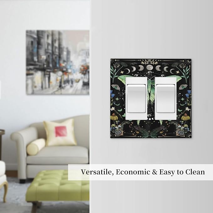 Moon Phase Butterfly Wildflower Plant Mysterious Night Moonlit Decorative Outlet Covers 2 Gang Double GFCI Rocker Electrical Wall Panels Light Switch Cover Plate for Bedroom Living Room Decor