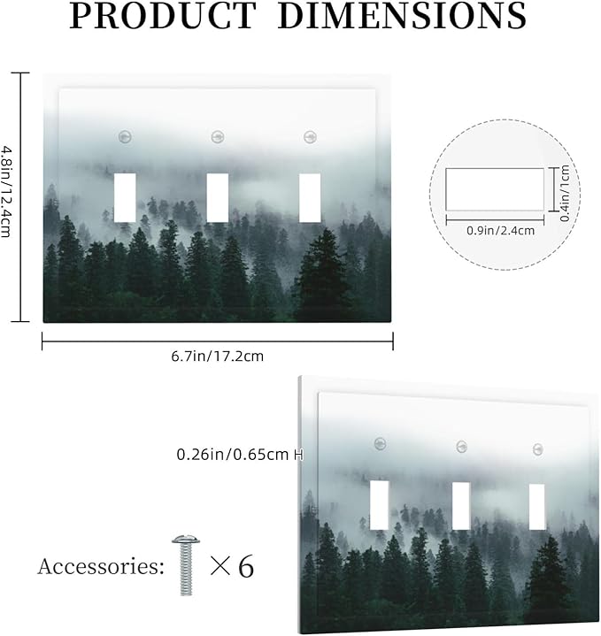 Forest Pine Forest Foggy Mountain Natural Scenery Decorative Switch Plates 3 Gang Wall Plate Triple Toggle Light Switch Cover Faceplate Electrical Wall Panels for Bed Room Living Room Decor