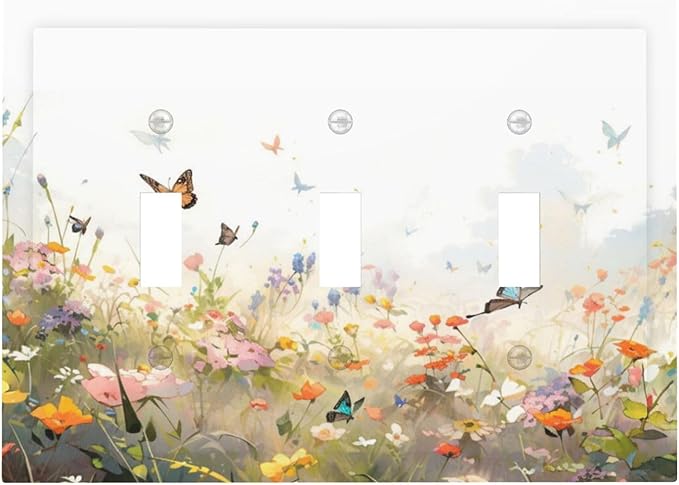 Wildflowers Watercolor Floral Colorful Butterfly Decorative Switch Plates 3 Gang Wall Plate Triple Toggle Light Switch Cover Faceplate Electrical Wall Panels for Farmhouse Bed Room Decor