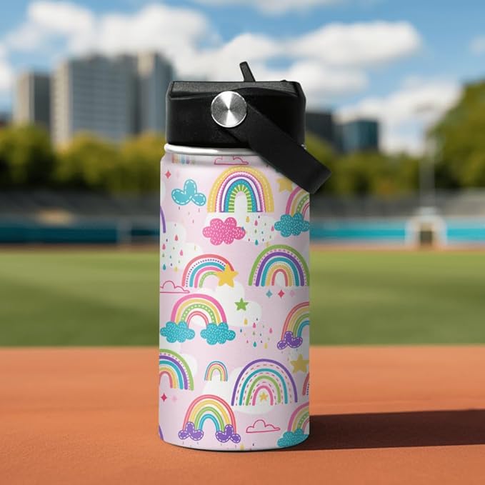 Kids Water Bottle Rainbow Water Bottles 12oz with Straw Insulated Stainless Steel Travel School Tumbler Double Wall Vacuum Cup for Girls Kid