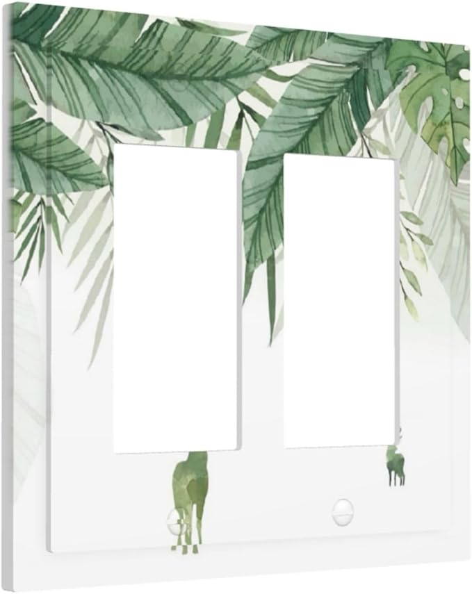 Deer Banana Leaves Palm Trees Green Plants Decorative Outlet Covers 2 Gang Double GFCI Rocker Electrical Wall Panels Light Switch Cover Plate for Bed Room Living Room Decor