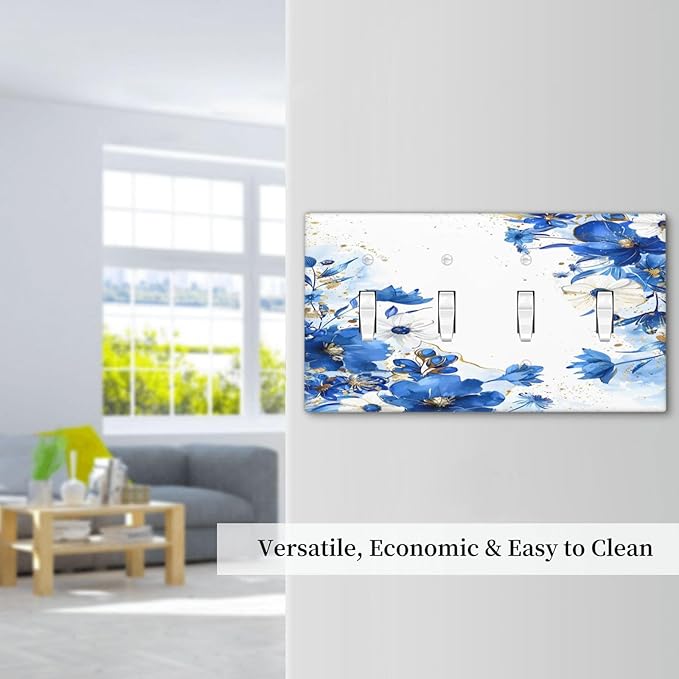 Klein Blue Flowers Watercolor Golden White Floral Light Switch Covers Quad Toggle Electrical Faceplate 4 Gang Wall Plate Decorative Switch Plates Cover for Bedroom Living Room Decor