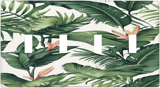 Tropical Leaf Jungle Botanical Palm Tree Greenery Floral Light Switch Covers Quad Toggle Electrical Faceplate 4 Gang Wall Plate Decorative Switch Plates for Bedroom Living Room Decor