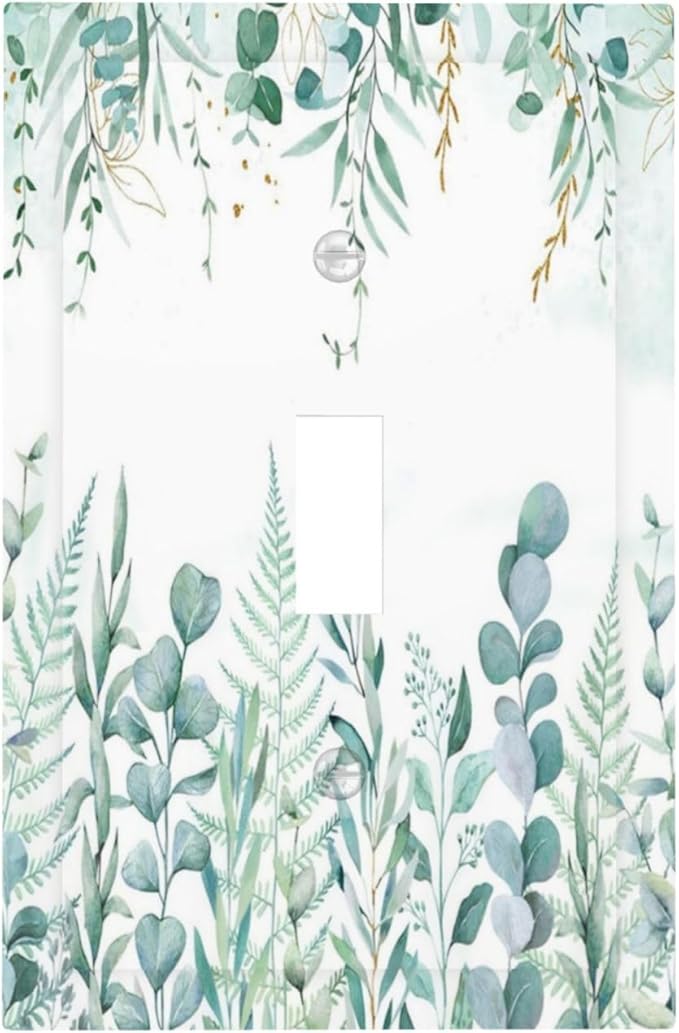 Boho Green Eucalyptus Leaf Floral Sage Flower Decorative Light Switch Cover 1 Gang Single Toggle Device Electrical Faceplate Switchplates Decorator Outlet Wall Plate for Bedroom Living Room Decor