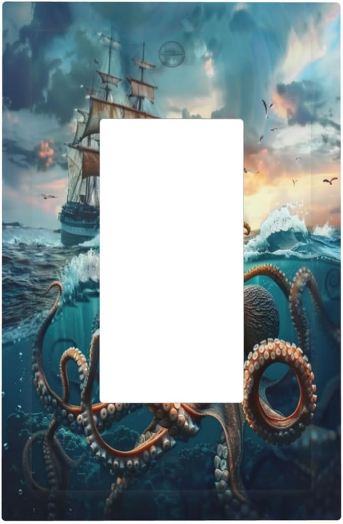 Light Switch Cover Plate Sailboat Ship Octopus Ocean Sea Waves 1 Gang Outlet Covers Single Rocker Decorative Switch plates Electrical Wall Plates GFCI Receptacle for Bathroom Bedroom Decor