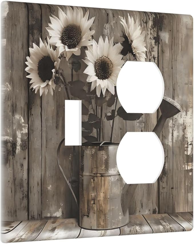 Rustic Floral Country Sunflower Daisy Old Wooden Boards Wallplates 1 Toggle 1 Duplex Switch Plate Electrical GFCI Faceplate Decorative Light Switch Covers for Farmhouse Home Decor
