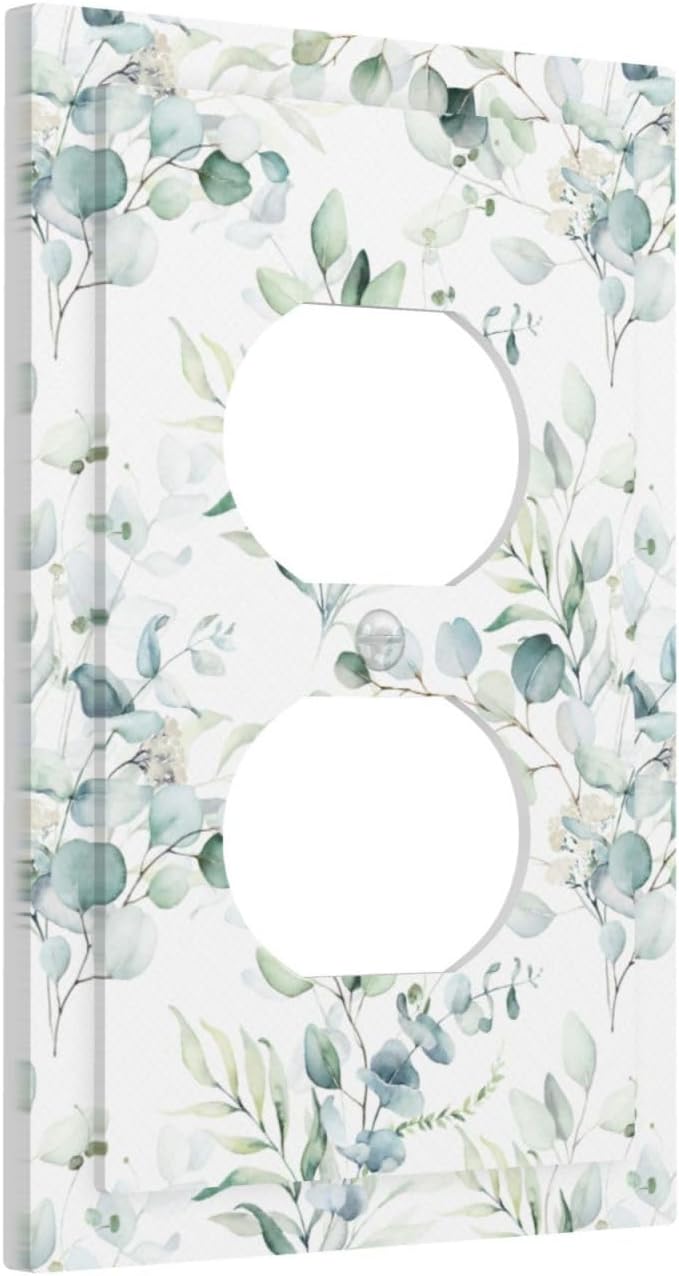 Watercolor Spring Sage Green Eucalyptus Leaf Plant Nature Herb Botanical Floral 1 Gang Duplex Wall Plate Electrical Receptacle Outlet Cover Decorative Dual Device Mid Size Light Switch Plug Face Plate