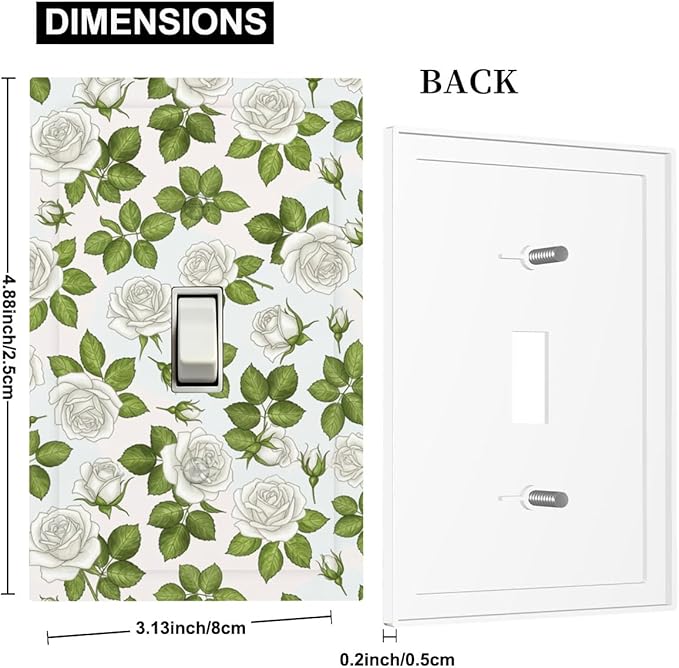 Elegant White Roses & Green Leaves Floral 1-Gang Toggle Light Switch Plate, Timeless Rose Garden Decorative Wall Plate for Bathroom Bedroom Vanity