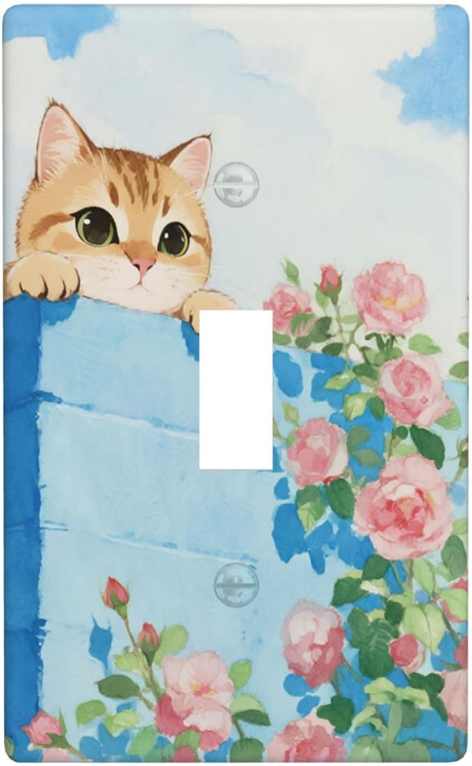 Cat Flower Single Toggle Wall Plate Decorative 1 Gang Light Switch Covers Electrical Switchplate Home Decorate Faceplat for Bathroom Bedroom Kitchen Room 4.5 x 2.76 Inch