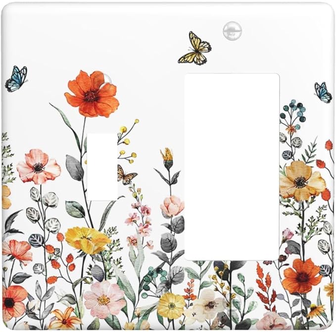 Colorful Butterfly Blossom Flower Floral 2 Gang Single Toggle/Decorator Combination Light Switch Cover Decorative Combo 1-Toggle/1-GFCI/Rocker Wall Plate Cover