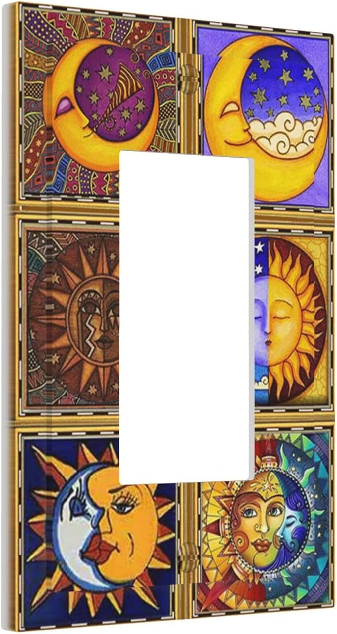 Mexican Talavera Tiles Star Pattern Celestials Theme Print Decorative Outlet Covers 1 Gang Single Rocker Light Switch Cover Plate Wall Plates GFCI Faceplate for Kitchen Home Decor