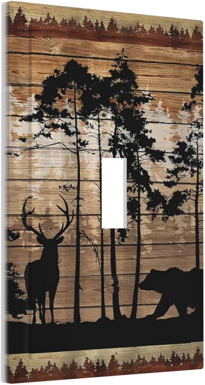 Rustic Mountain Forest Cabin Antler Bear Deer Elk Silhouettes Hunting Country Animal 1 Gang Electrical Single Toggle Device Switch Wall Plate Jumbo Size Decorative Outlet Light Switch Face Plate Cover