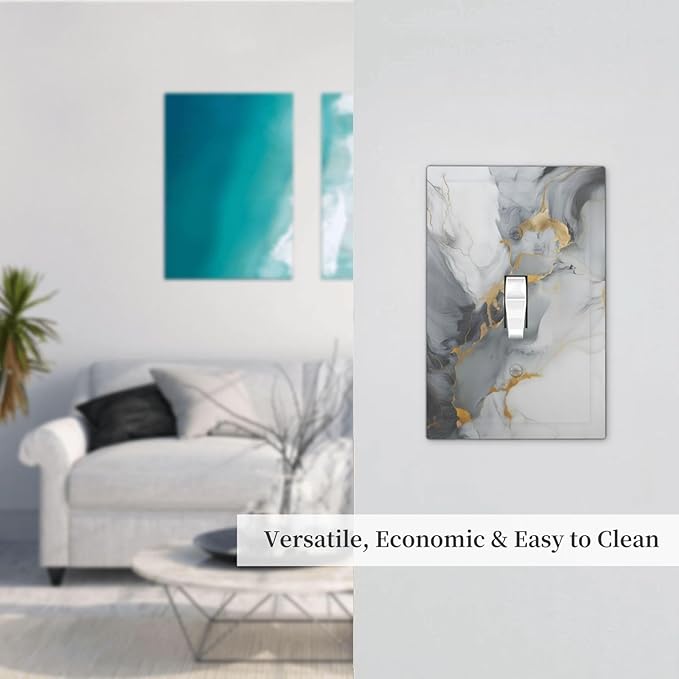 Gold Marble Grey Art Abstract Luxury Print Decorative Light Switch Cover 1 Gang Single Toggle Device Electrical Faceplate Switchplates Decorator Outlet Wall Plate for Kitchen Bathroom Decor