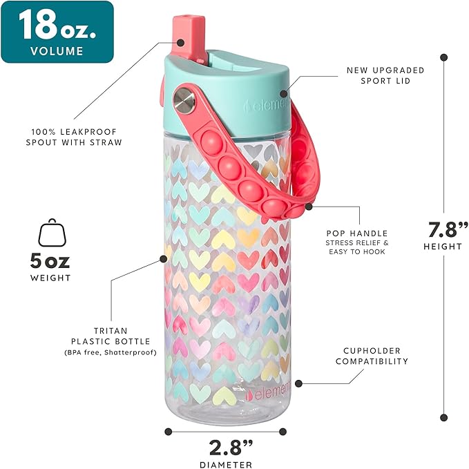 Elemental Leak Proof Water Bottles for Kids - Splash Kids Water Bottle for School with Pop-it Handle - BPA Free Tritan Plastic Reusable Water Bottle with Straw - Rainbow Heart - 18oz