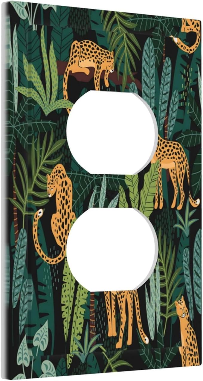 Jungle Cheetah Tropical Wildlife Leopard Green Palm Leaf Outlet Covers 1 Gang Duplex Light Switch Cover Decorative Switch Plates Electrical Receptacle Faceplate Wall Plate for Farmhouse Home Decor