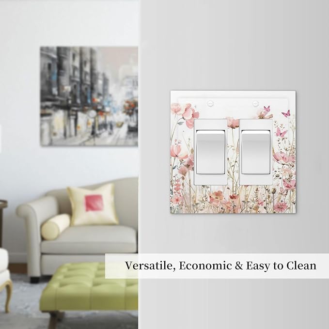 Boho Floral Watercolor Pink Wildflower Butterfly Decorative Outlet Covers 2 Gang Double GFCI Rocker Electrical Wall Panels Light Switch Cover Plate for Bedroom Living Room Decor
