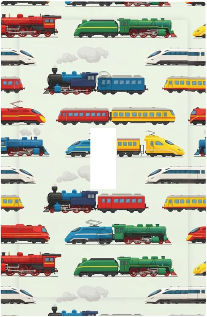 Vintage & Modern Trains 1-Gang Toggle Light Switch Plate, Colorful Locomotive Retro Steam & High-Speed Decorative Wall Plate for Boys Room