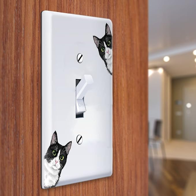 WIRESTER Single Gang Toggle Light Switch Plate/Wall Plate Cover - Black White Tuxedo Cat Hide And Seek