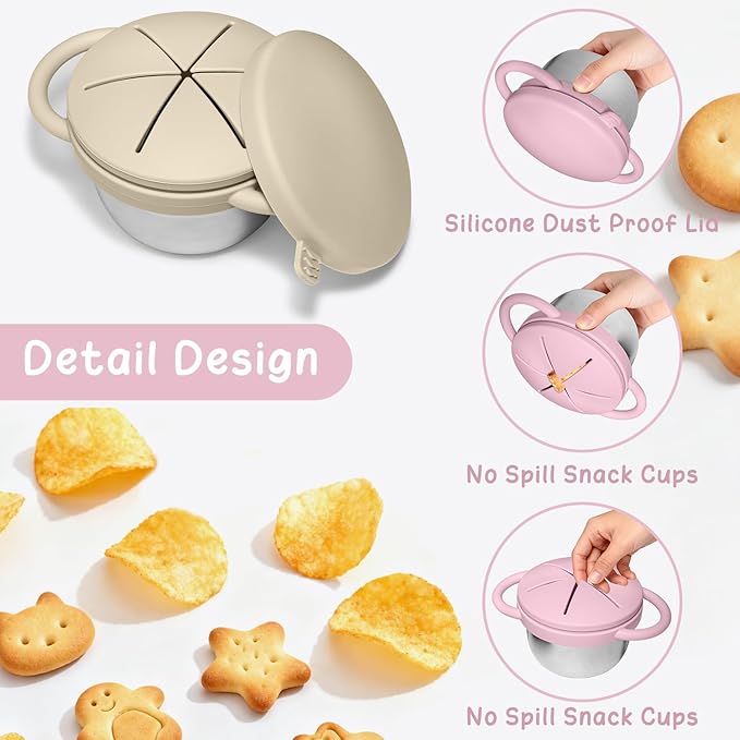 2 Pack Baby Stainless Steel Snack Containers for Kids with Spill Proof Food Grade Silicone Lids & Handles 9 OZ Baby Snack Cups No Spill Toddler Snack Box for Mess-Free Snacking