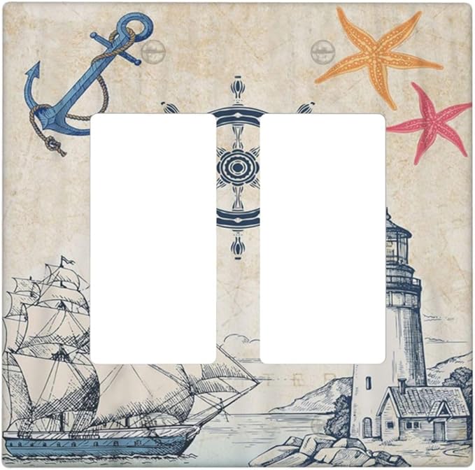 Nautical Sailboat Beach Anchor Pirate Beacon Ocean 2 Gang Rocker Decora Light Switch Covers Decorative Outlet Covers Wall Plate Electrical Faceplate Switchplate GFCI for Farmhouse Bedroom Decor