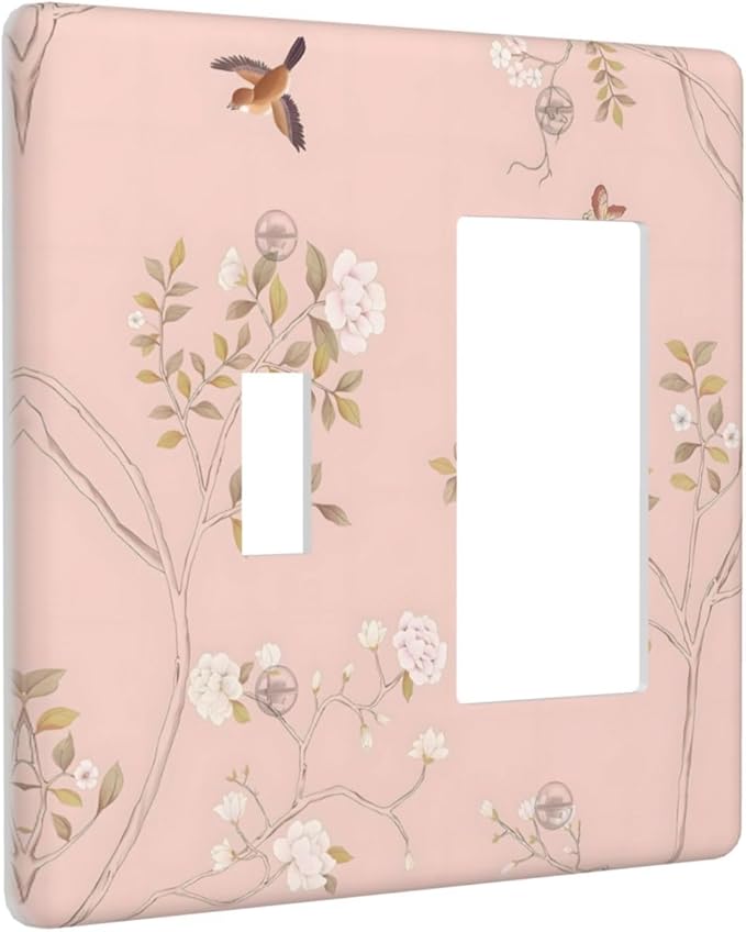 Pink Background Flowers Bird Butterflies Floral Outlet Covers 1 Toggle 1 Rocker Combination Decorative Wall Plate Electrical Switch Plates Light Switch Cover Plate for Bedroom Living Room Decor