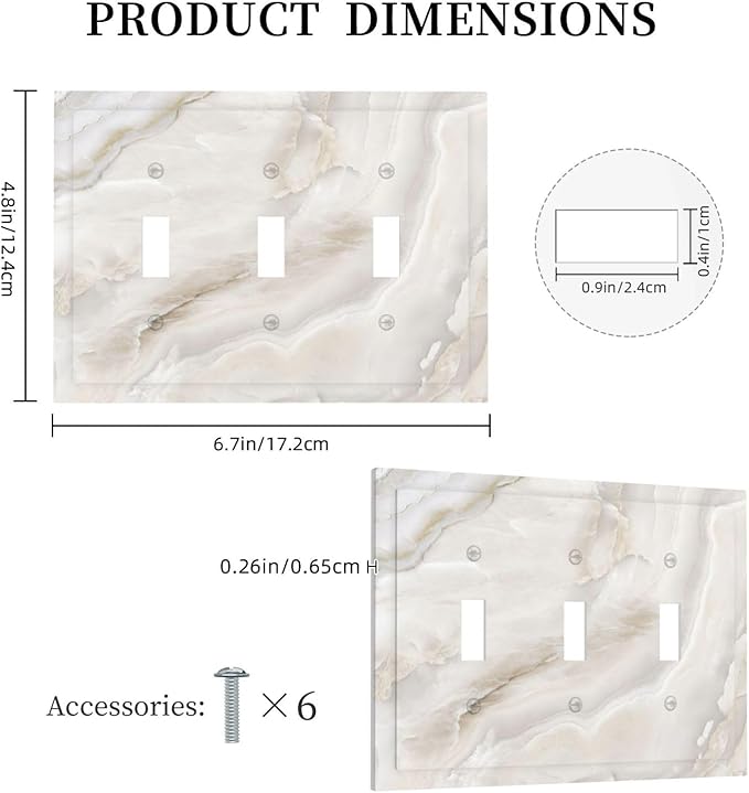 Abstract Luxury White Marble Texture Decorative Switch Plates 3 Gang Wall Plate Triple Toggle Light Switch Cover Faceplate Electrical Wall Panels for Bathroom Kitchen Living Room Decor