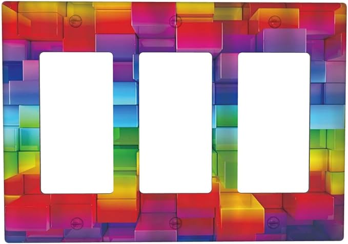 3D Colorful Rainbow Wall Abstract Squre Shaped 3 Gang Rocker Light Switch Covers Decorative Unique Triple Outlet Wall Plate Cover Faceplate Decorative Switchplate GFCI for Kitchen Bedroom Decor