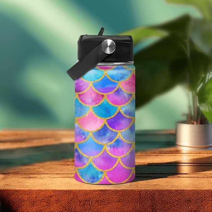 Mermaid Water Bottle for Girls Kids Kid Insulated Water Bottles 12oz Stainless Steel Travel School Tumbler Double Wall Vacuum Cup with Straw