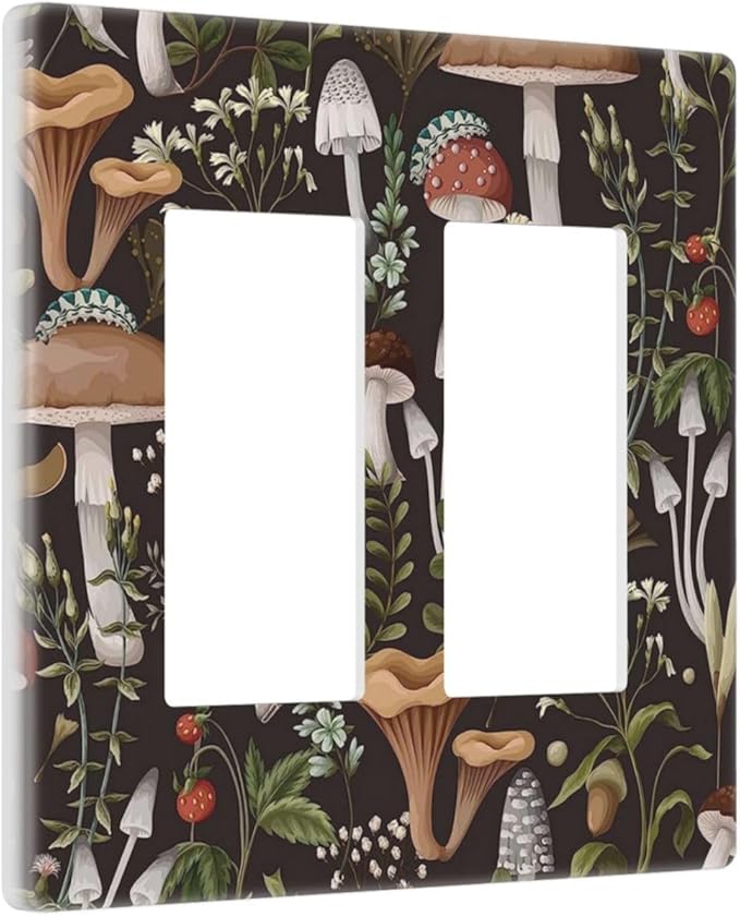 Vintage Boho Hippie Plant Mushroom 2 Gang Double Rocker/Decora Light Switch Cover Decorative Outlet Wall Plate Electrical Faceplate Home Family Art Decor Screwless