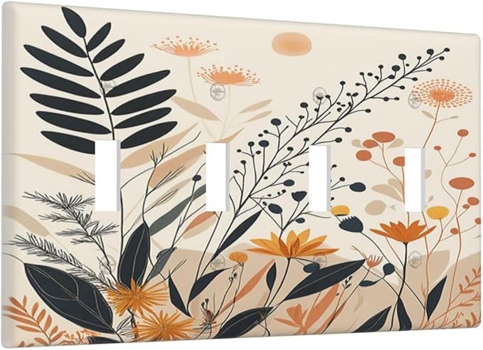 Light Switch Cover Minimalist Floral Boho Botanical Wildflowers 4 Gang Quad Toggle Decorative Switch Plates Electrical Wall Plates Faceplate for Bathroom Bedroom Decor